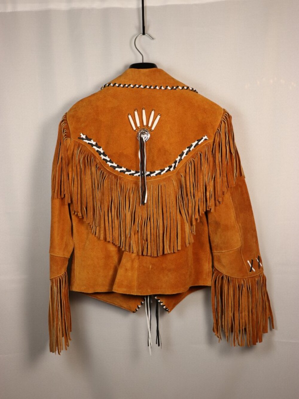 Hand Made Real Leather Native Cowboy/Cowgirl Jacket M/L Natural Tan Black/White - Picture 4 of 4
